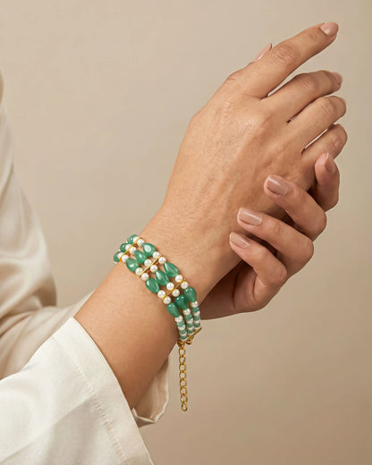 Multi-Layer Pearl Green Beds Bracelet, Gold Tone Handmade Elegant Jewelry Gift for her