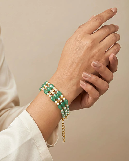 Multi-Layer Pearl Green Beds Bracelet, Gold Tone Handmade Elegant Jewelry Gift for her