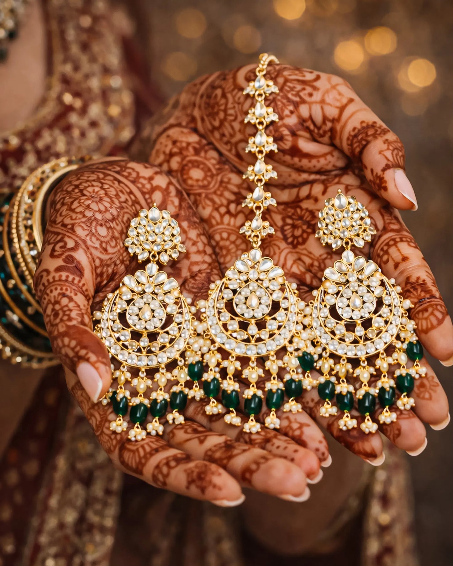 Classic Handmade White Kundan Pearl Maang Tikka & Earrings Set with Green Beads Jewelry