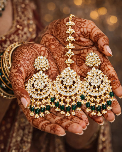 Classic Handmade White Kundan Pearl Maang Tikka & Earrings Set with Green Beads Jewelry