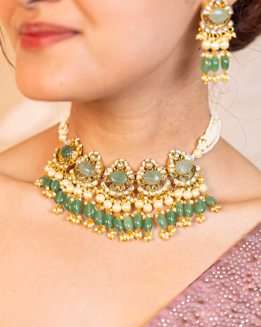 Green Kundan Choker Set Indian Bridal Jewelry Pearl Drop Earrings