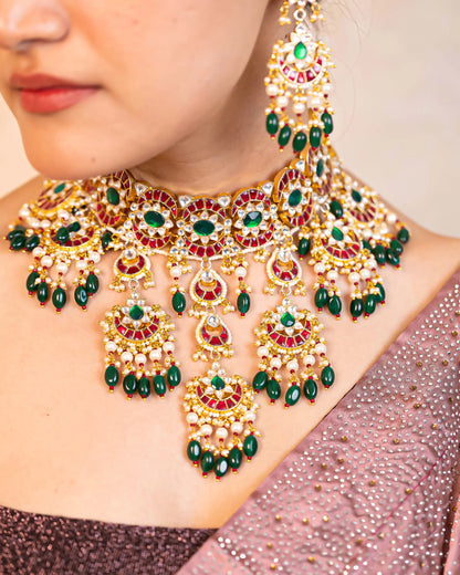 Kundan Choker Set, Green Bead Indian Bridal Handicrafts Fashion Jewelry