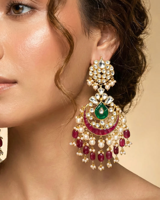 18K Gold Plated Jadau Chandbali Earrings, Pearl Indian Bridal Jewelry