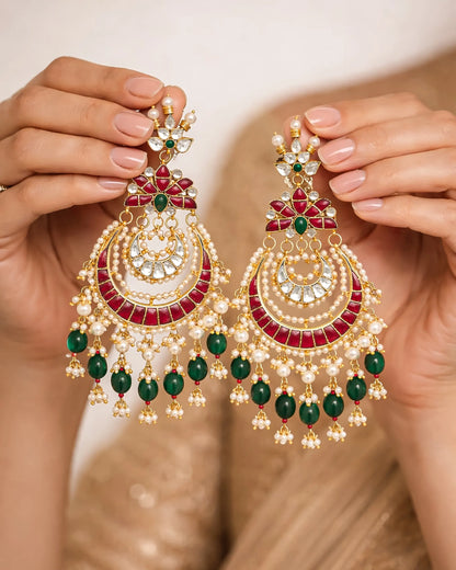 Gold Plated Jadau Chandbali Earrings with Pearl and Stone Drops