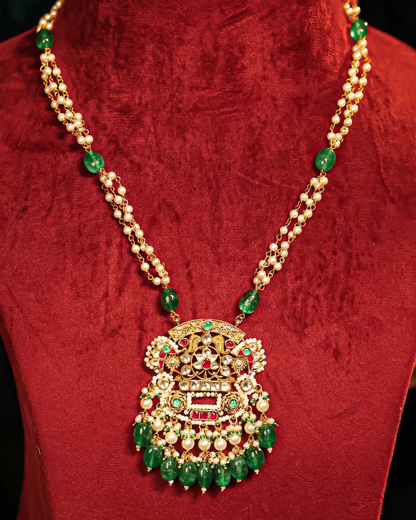 Designer Gold Plated Indian Jewelry Set – Pearl Necklace with Green Stone