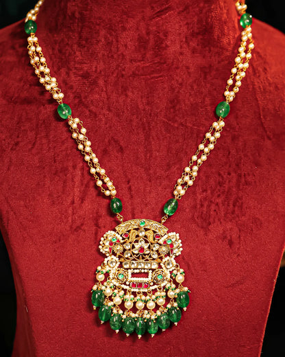 Designer Gold Plated Indian Jewelry Set – Pearl Necklace with Green Stone