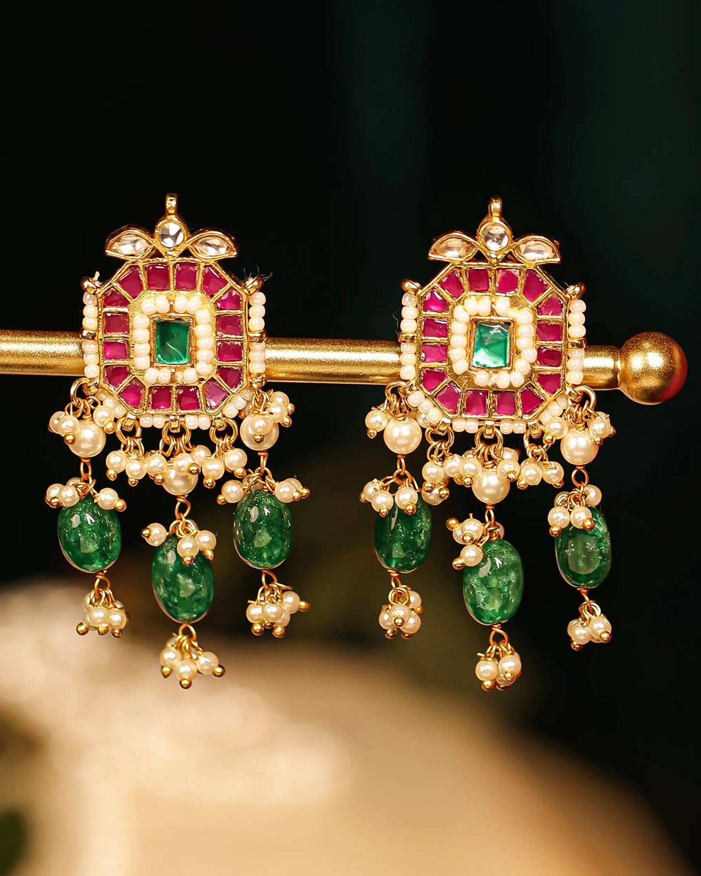 Gold Plated Kundan Choker Set – Green Pink Beaded Bridal Jewelry