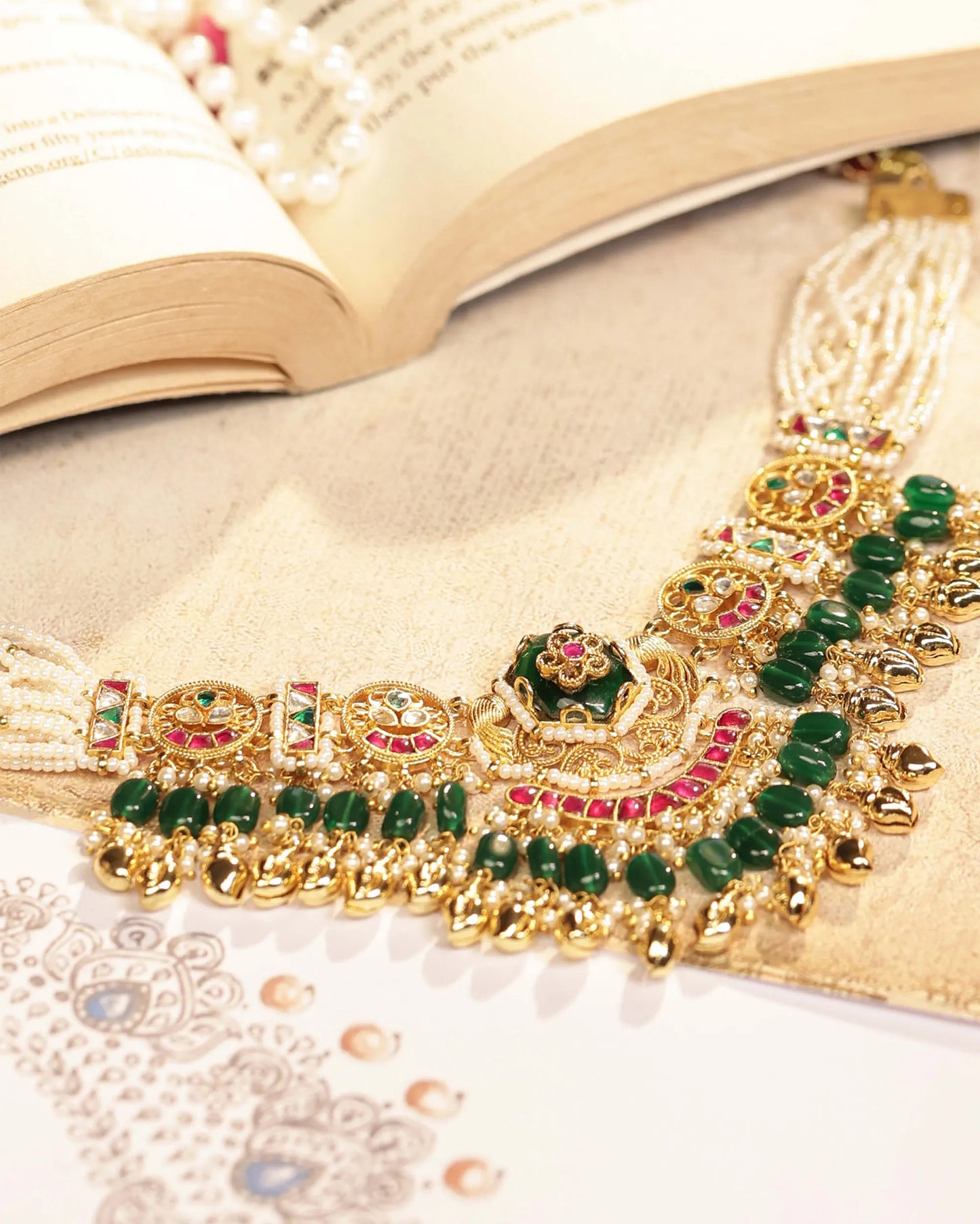 Handcrafted Kundan Bridal Choker Set – Green Beads & Pearl Necklace Jewelry