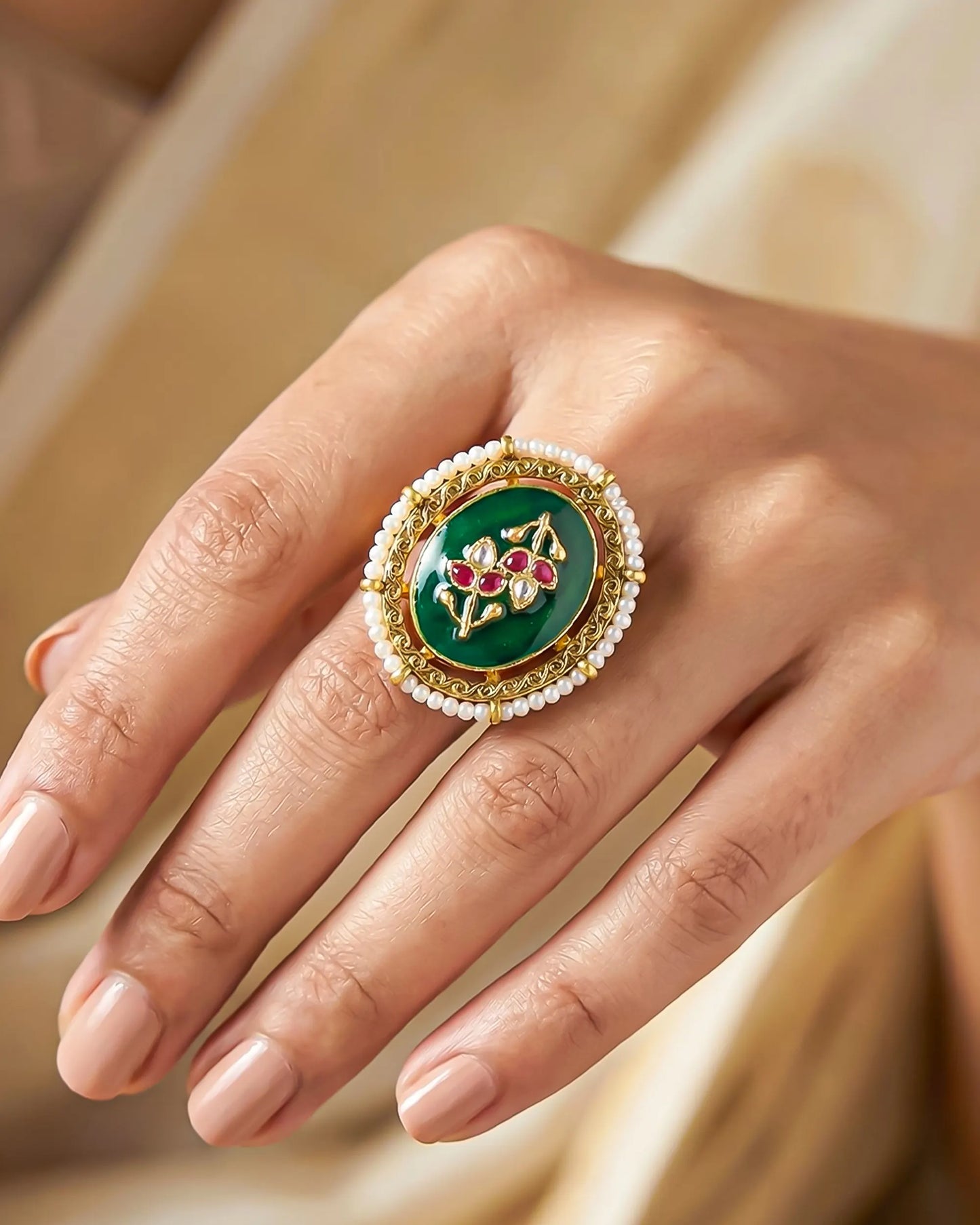 Oval Kundan Statement Ring, Green Floral Pearl Border, Traditional Cocktail Jewelry