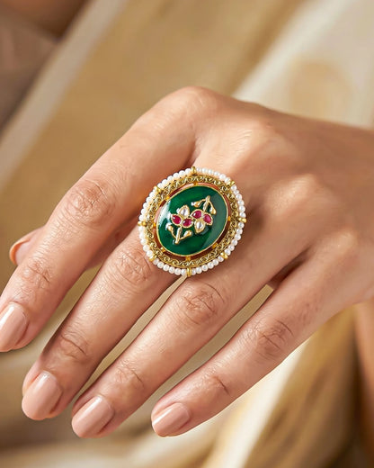 Oval Kundan Statement Ring, Green Floral Pearl Border, Traditional Cocktail Jewelry