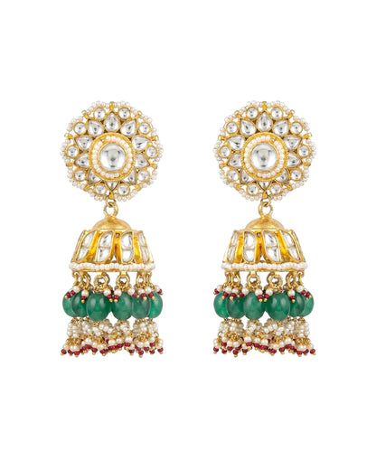 18K Gold Plated Jadau Jhumka Earrings – Polki Stone, Green Beads