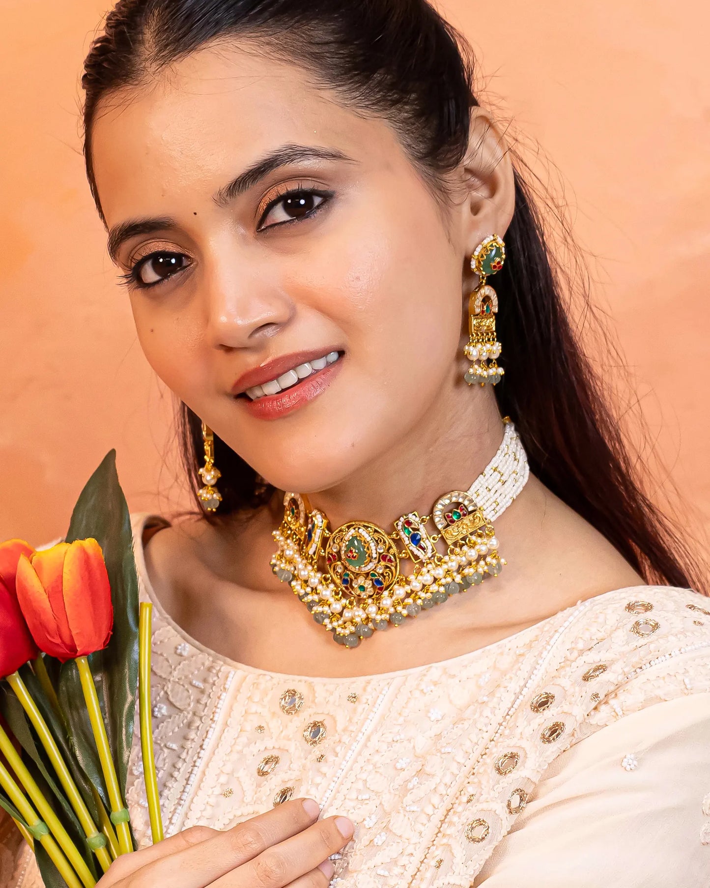 Green Pearl Kundan Choker Set, Indian Bridal Necklace with Beads Earrings