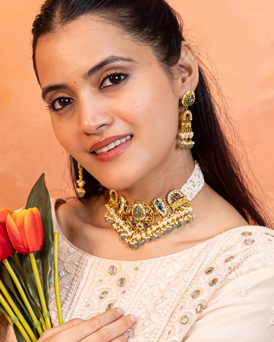 Green Pearl Kundan Choker Set, Indian Bridal Necklace with Beads Earrings