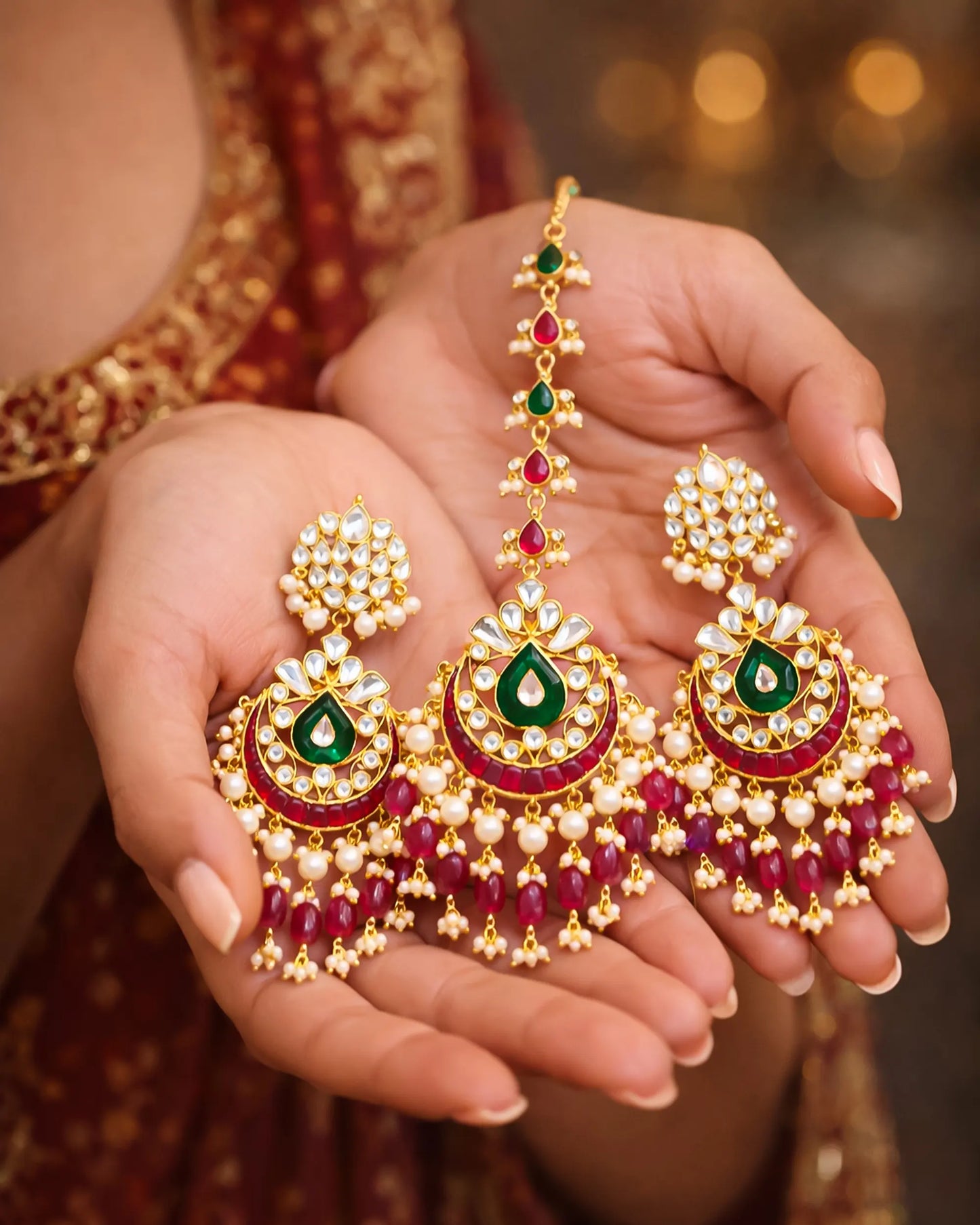 Handmade Kundan Bridal Jewelry Set: Green & Pearl Maang Tikka Earrings