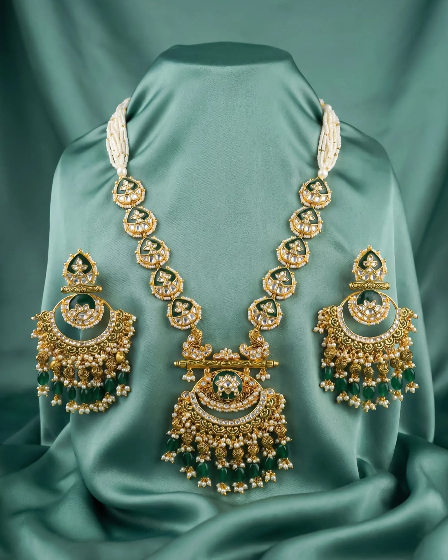 Handmade Kundan Bridal Necklace Set, Green Pearl Gold Statement Wedding Jewelry