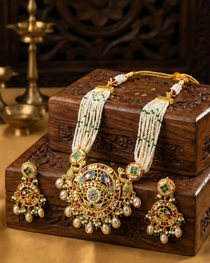 Peacock Kundan Pearl Necklace Set, Indian Bridal Gold Wedding Jewelry