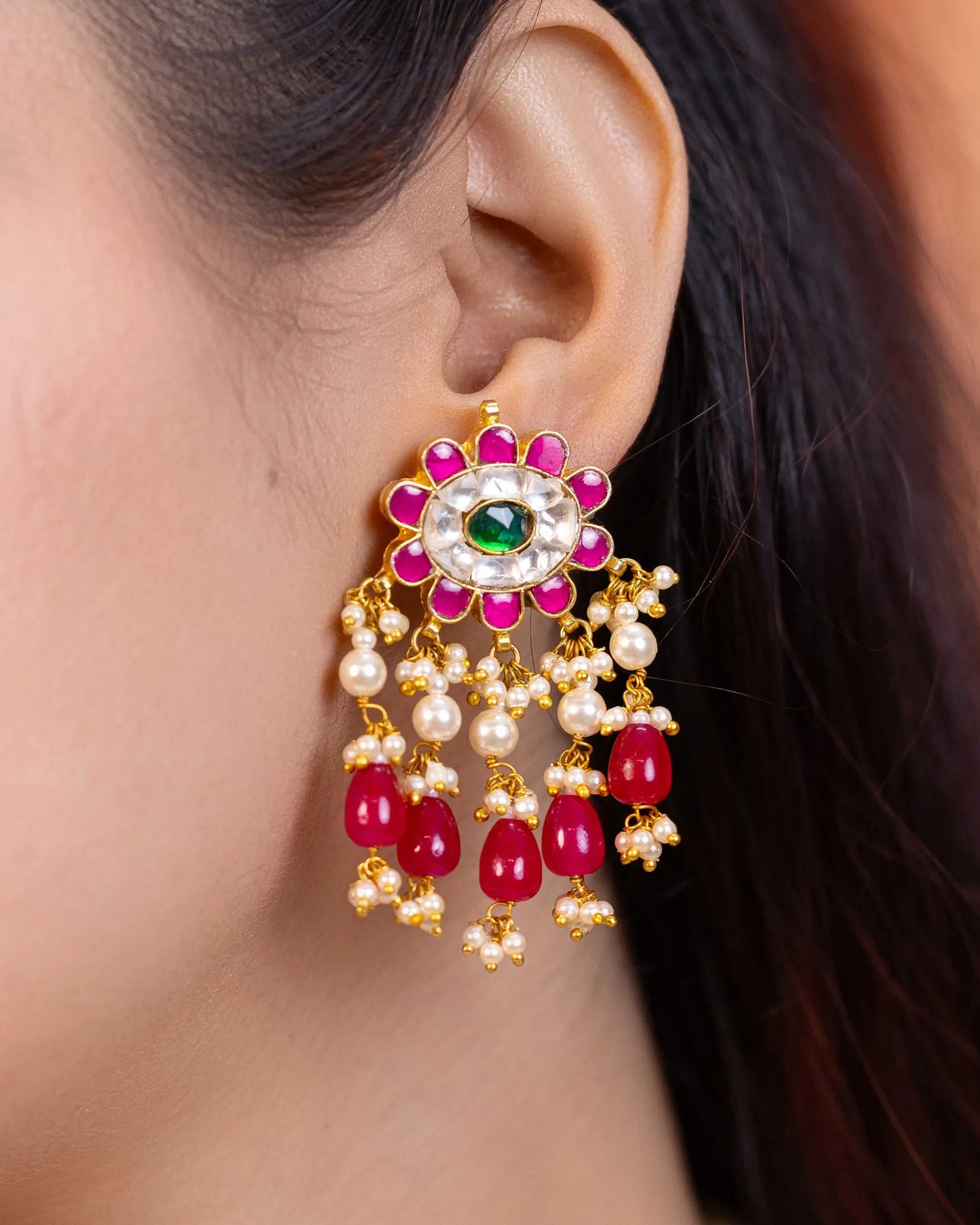 Bridal Red Kundan Choker Jewelry Set, Gold Plated Indian Earrings