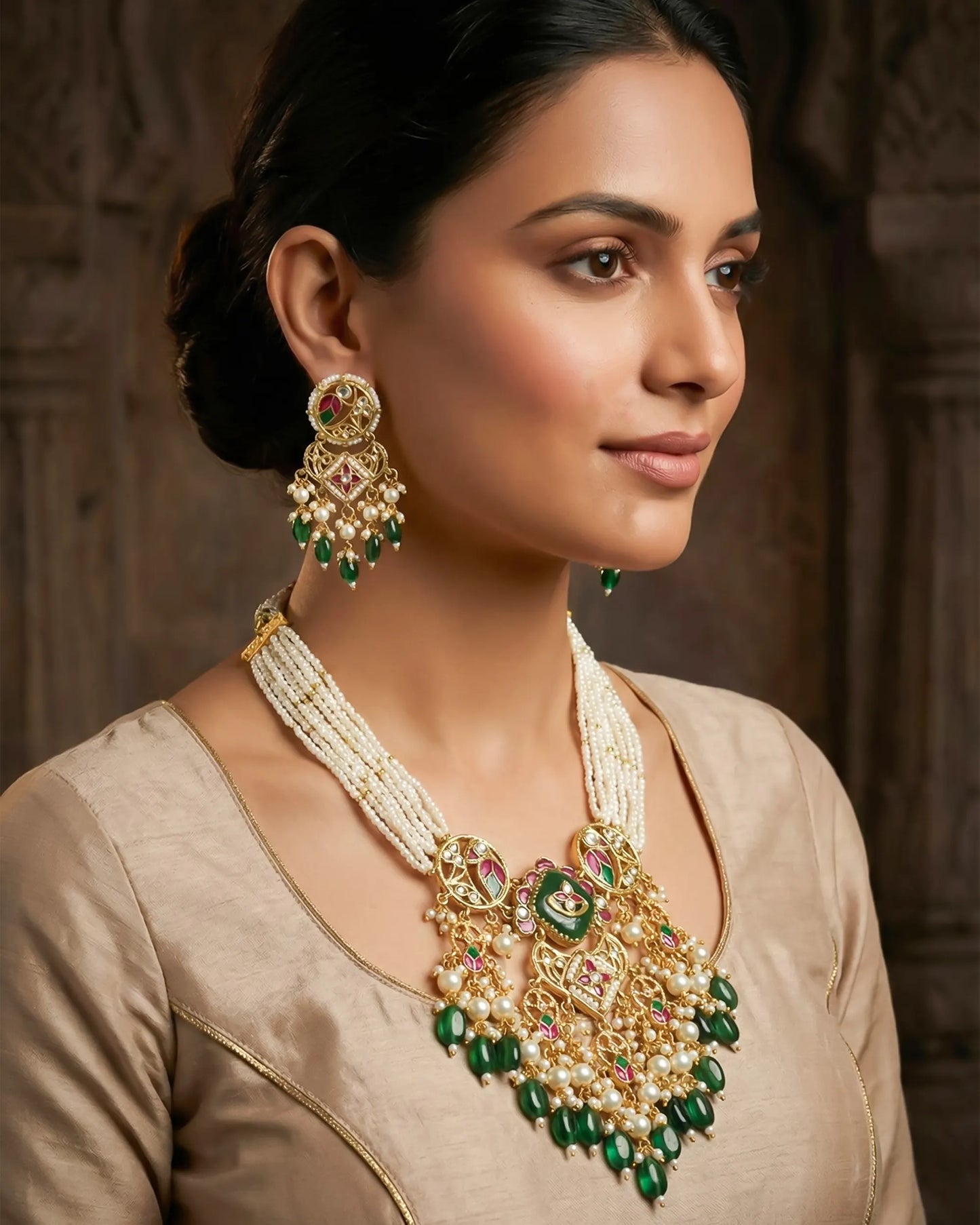 Indian Bridal Kundan Pearl Necklace Set, Gold Plated Wedding Choker, Traditional Rajasthani Earrings