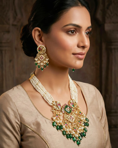 Indian Bridal Kundan Pearl Necklace Set, Gold Plated Wedding Choker, Traditional Rajasthani Earrings
