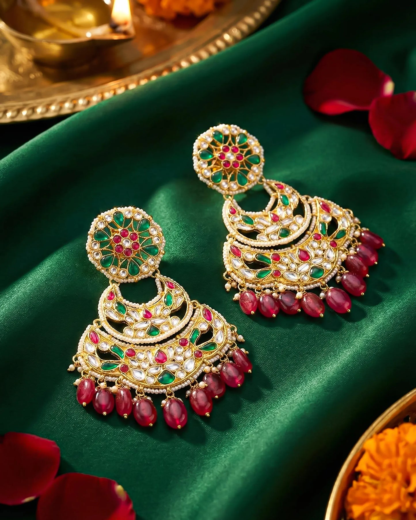 Handcrafted Jadau Chandbali Earrings, 18K Gold Plated, Ruby & Green Stone Indian Jewelry