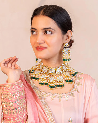Pearl Kundan Choker Set, Green Bead Fringe Indian Bridal Necklace with Earrings