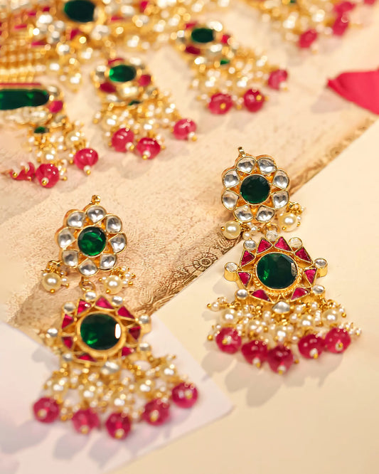 Green Kundan Bridal Jewelry Set Gold Plated Choker, Earrings & Maang Tikka