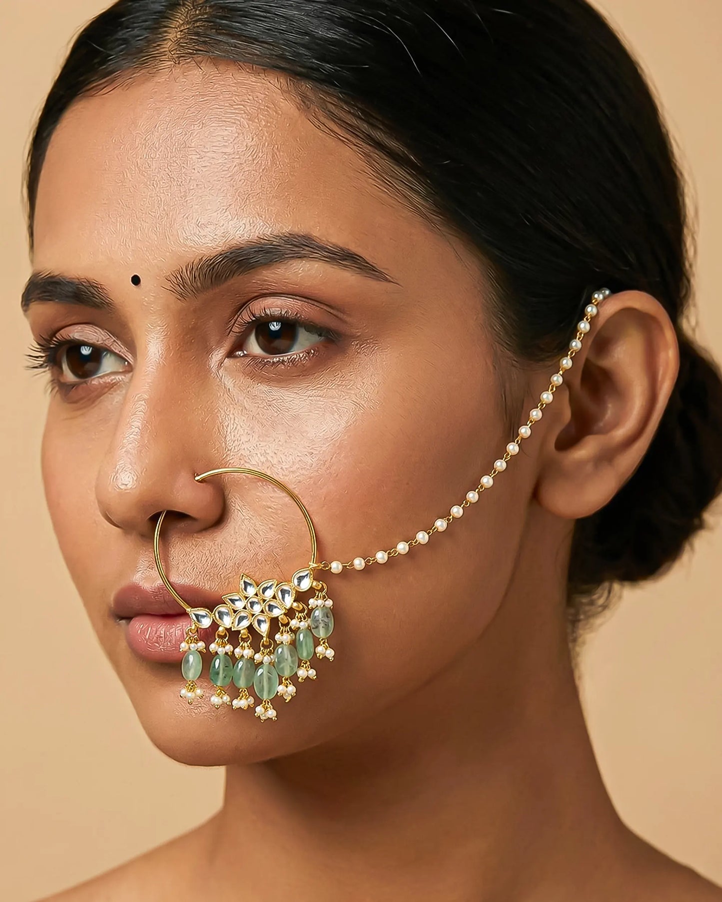 Floral Kundan Bridal Nath – Gold Plated Wedding Nose Ring with Pearl Chain