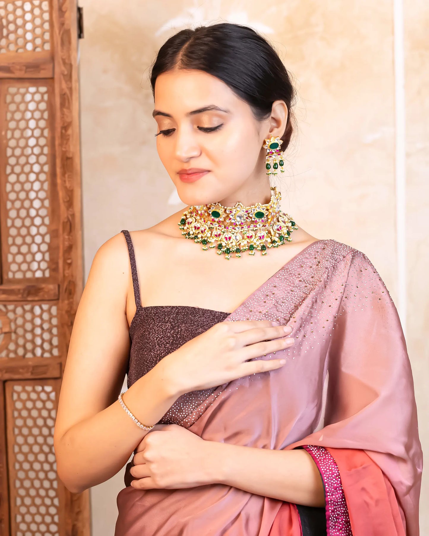 Designer Sparkling Kundan Choker Set – Green Bead Necklace with Floral Earrings