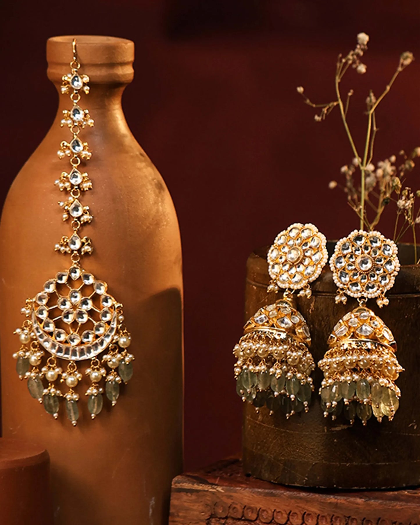 Gold Plated Kundan Bridal Choker Set with Pearl Drop Earrings and Maang Tikka Jewelry