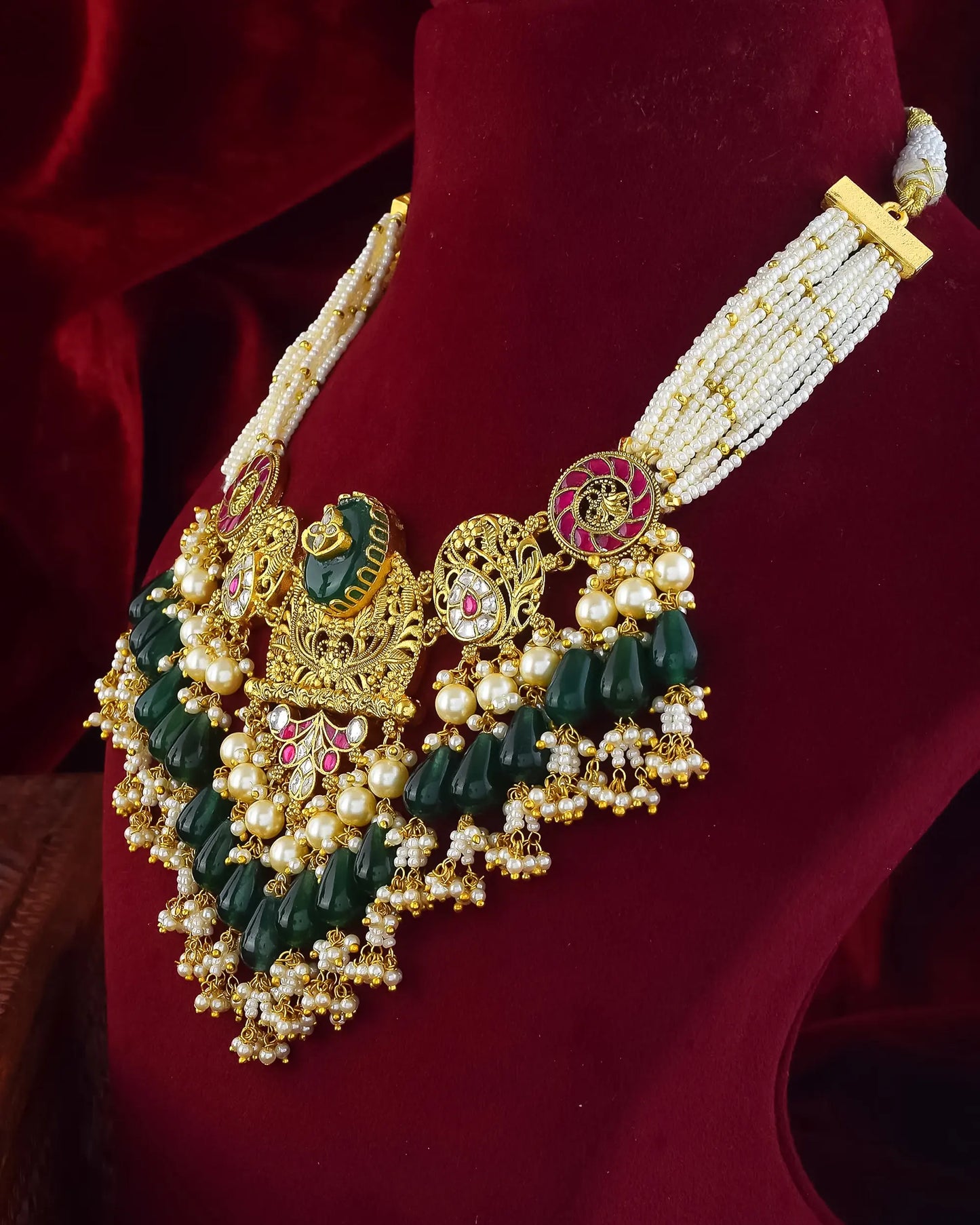 Traditional Kundan Choker Necklace with Green Beads & Pearl Layers Jewelry
