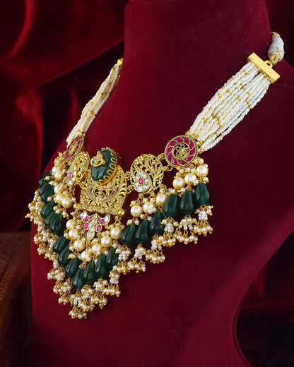 Traditional Kundan Choker Necklace with Green Beads & Pearl Layers Jewelry