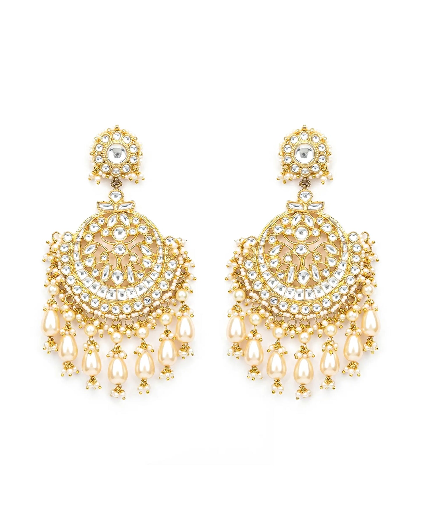 18K Gold Plated Chandbali Earrings, Polki Stones & Natural Mother of Pearls Stone
