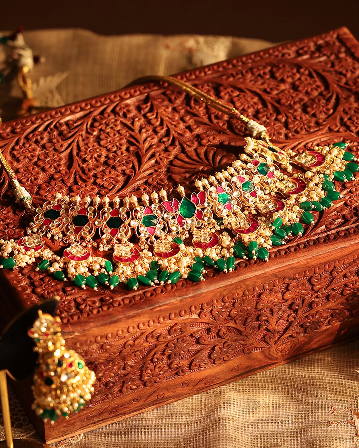Gold Plated Kundan Choker Necklace Set with Tikka, Pink Green Beads Bridal Jewelry