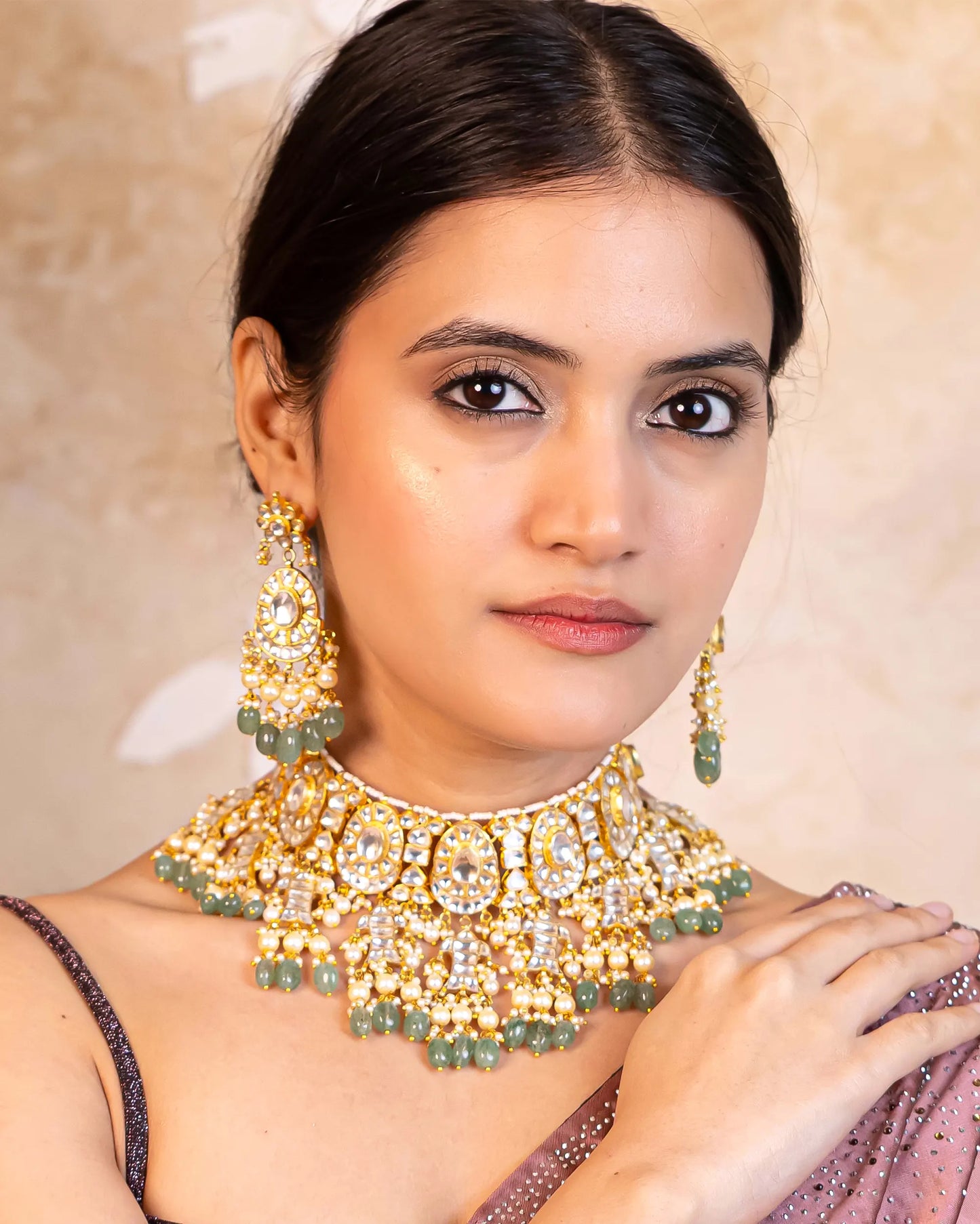 Kundan Choker Set Jewelry, Green Beads Bridal Necklace, Drop Earrings