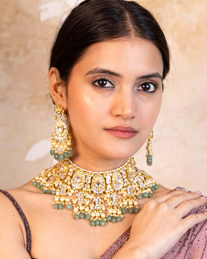 Kundan Choker Set Jewelry, Green Beads Bridal Necklace, Drop Earrings