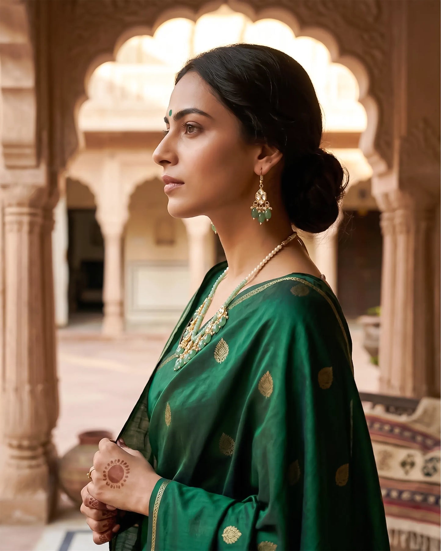 Handmade Kundan Bridal Jewelry Set: Green Beads and Pearls Necklace Earrings Jewelry