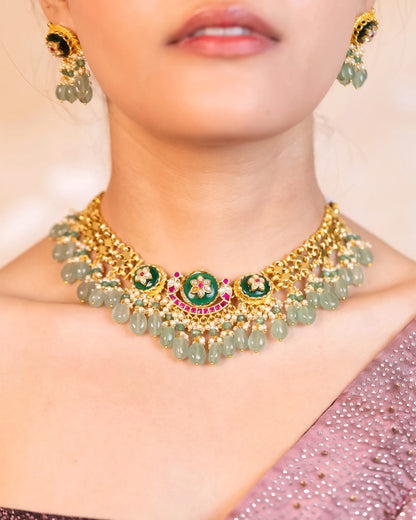 Kundan Choker Bridal Necklace, Green Beads Pearl Earrings, Indian Jewelry Set