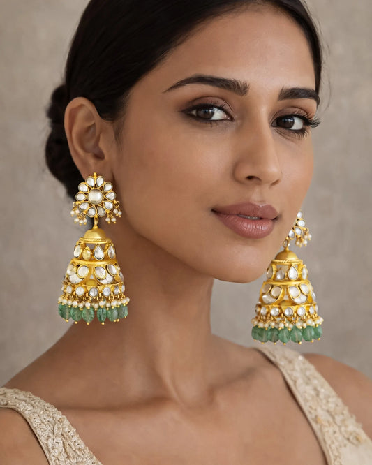 Gold-Plated Kundan Jhumka Earrings with Green Beads & Pearl Drops Jewelry