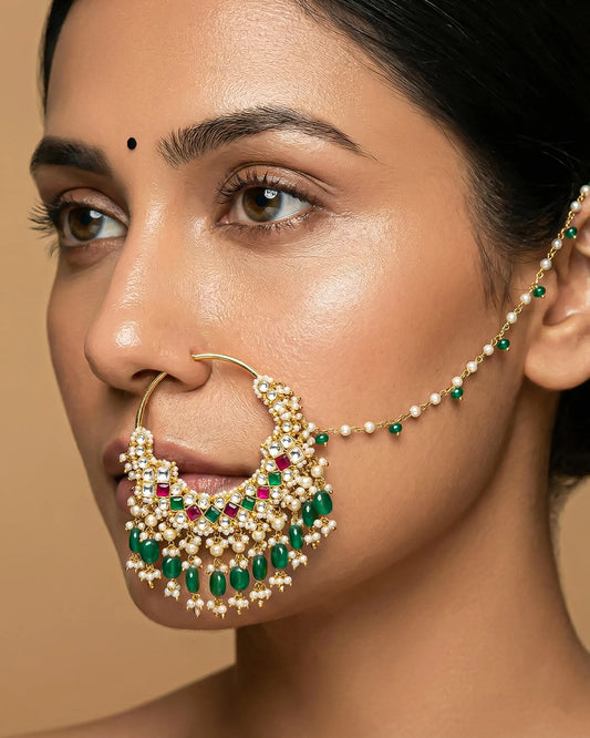 Royal Kundan Bridal Nath – Green Beaded Indian Wedding Nose Ring