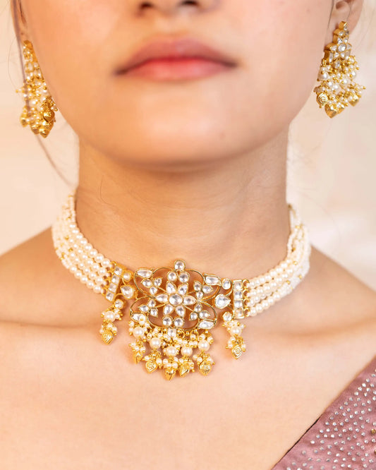 Kundan Pearl Choker Necklace Set, Gold Plated Indian Bridal Jewelry