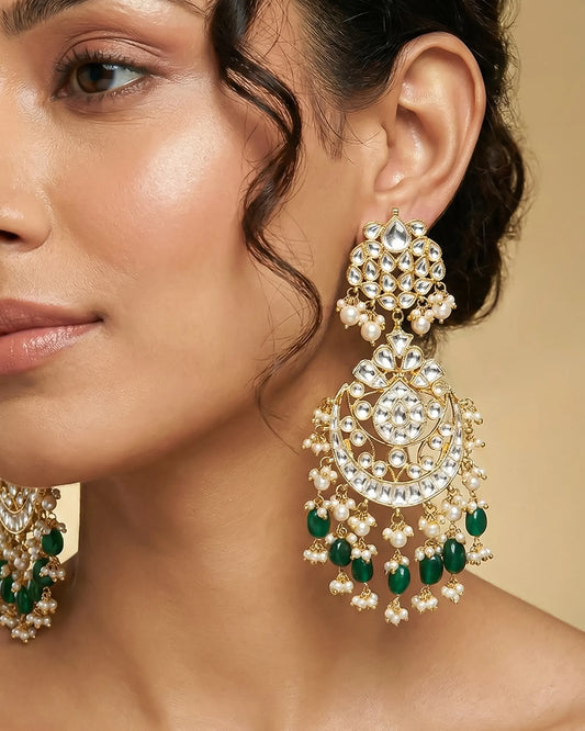Jadau Chandbali Earrings for Women, 18K Gold Plated Indian Green Beads & Pearls