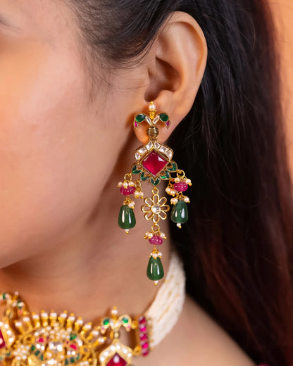Handicraft Kundan Pearl Choker Set Jewelry, Green & Pink Bead Necklace Earrings