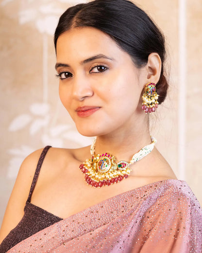 Peacock Kundan Choker Set with Pearl Earrings, Bridal Wedding Necklace Traditional Jewelry
