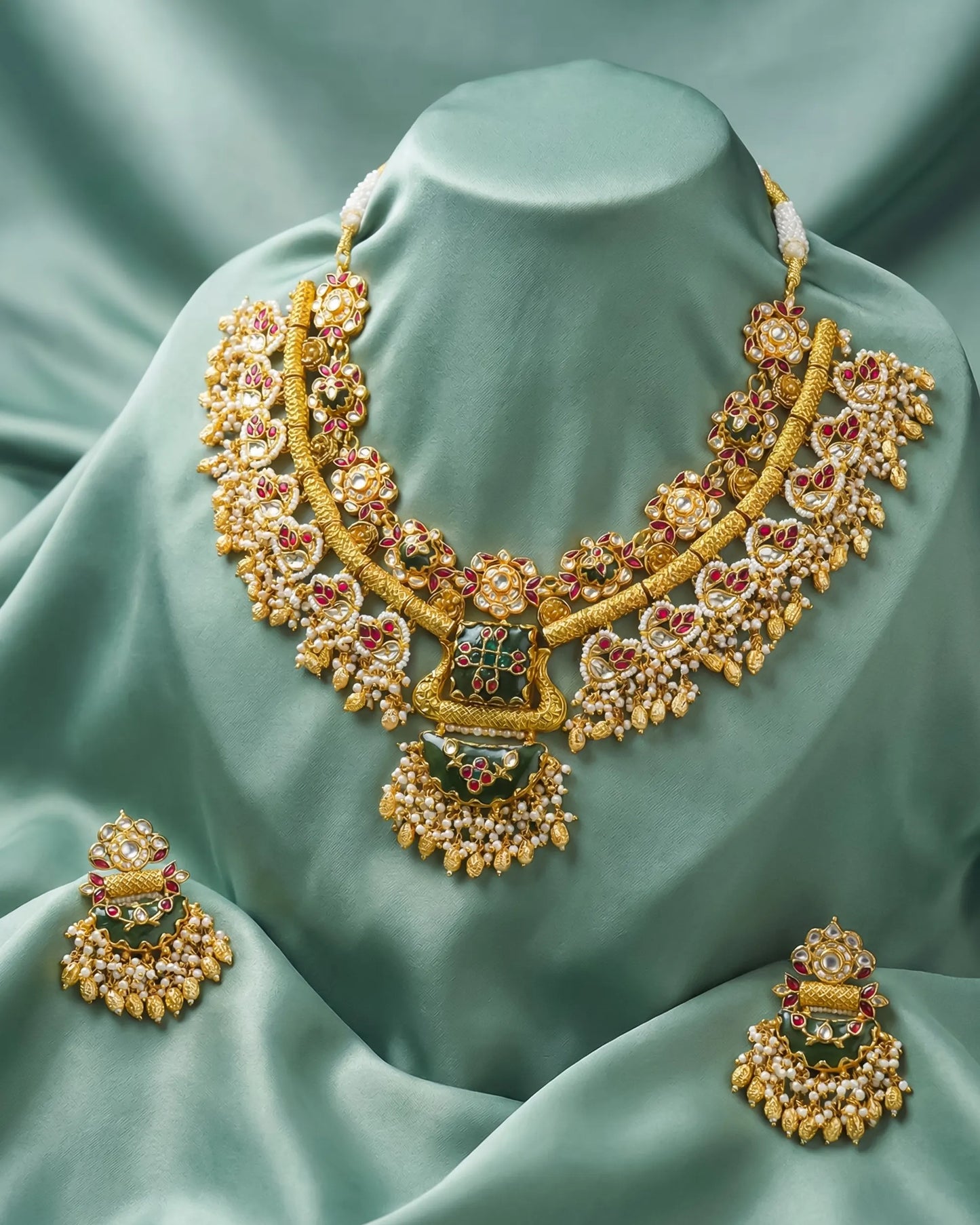 Indian Bridal Necklace Set, Gold Tone Kundan Meenakari Jewelry, Wedding Statement Piece