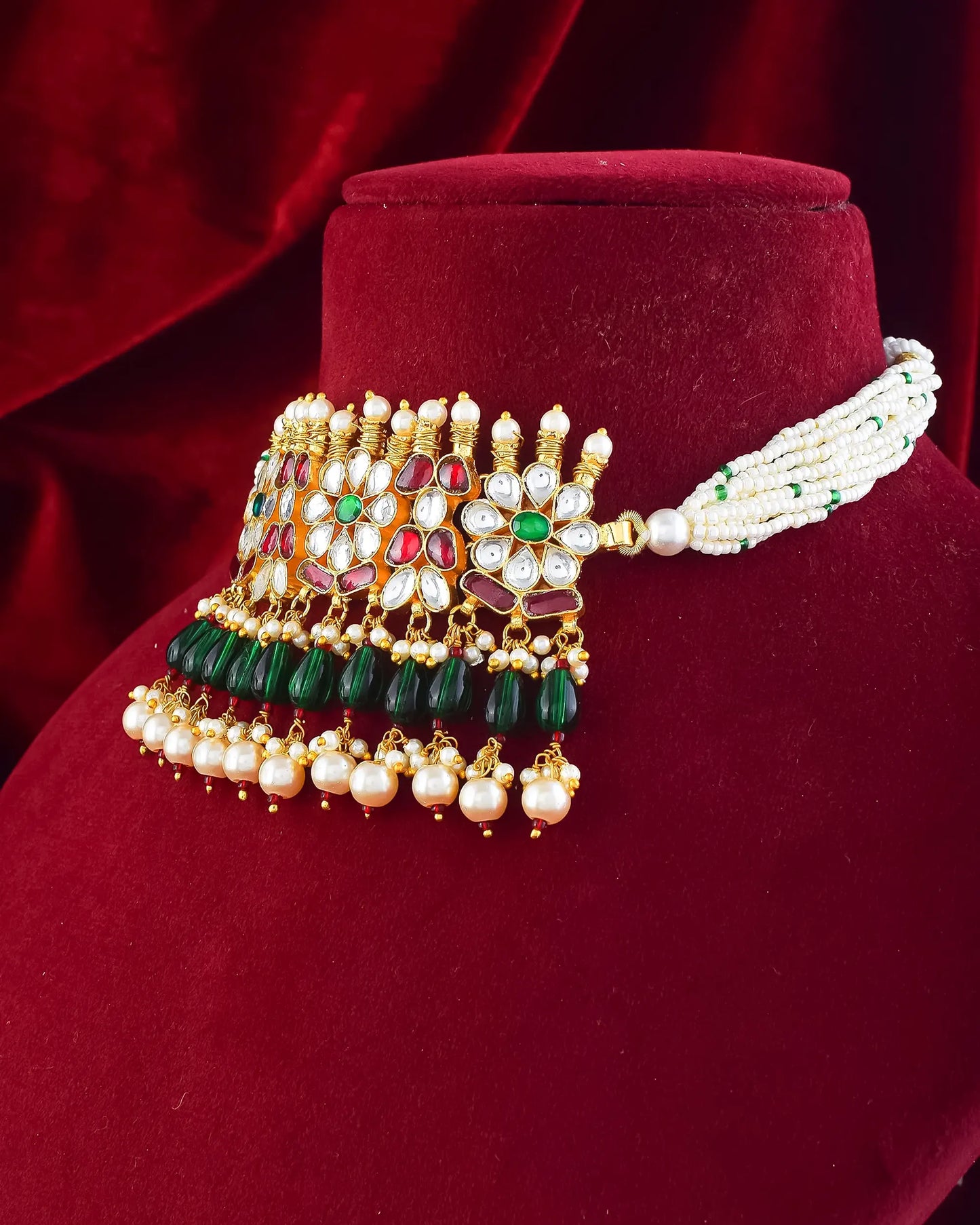 Floral Kundan Choker Necklace Set, Green Pearl Drop Earrings, Indian Jewelry