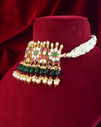 Floral Kundan Choker Necklace Set, Green Pearl Drop Earrings, Indian Jewelry
