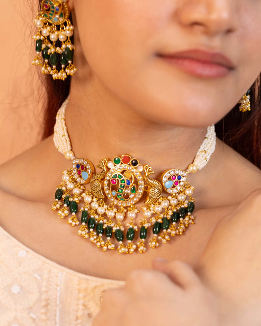 Green Bead Kundan Choker Set, Gold-Plated Indian Bridal Wedding Necklace, Traditional Jewelry
