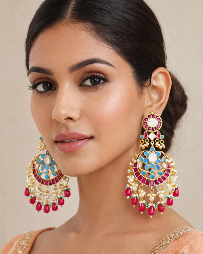 Gold-Plated Kundan Chandbali Earrings, Pearl Drop Earring Indian Jewelry