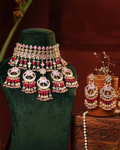 Pink Kundan Choker Set Jewelry – Gold Plated Indian Bridal Necklace & Earrings