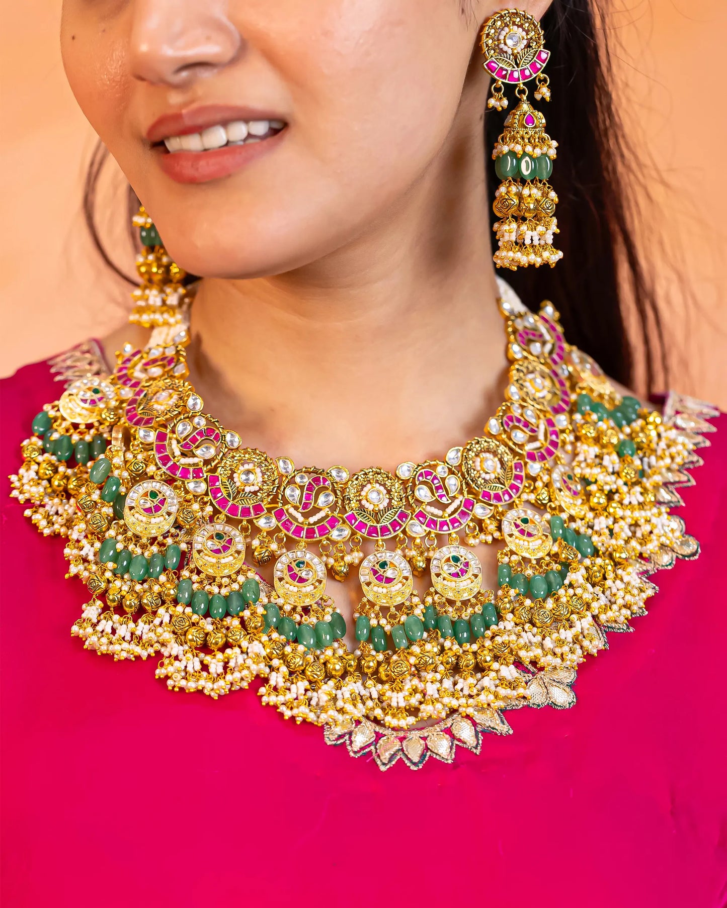 Traditional Kundan Choker Set, Gold Plated Bridal Necklace, Green Bead Earrings Jewelry Gift